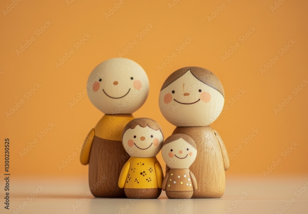 Playful Wooden Family Figures on Orange Playful Wooden Family Figures on Orange