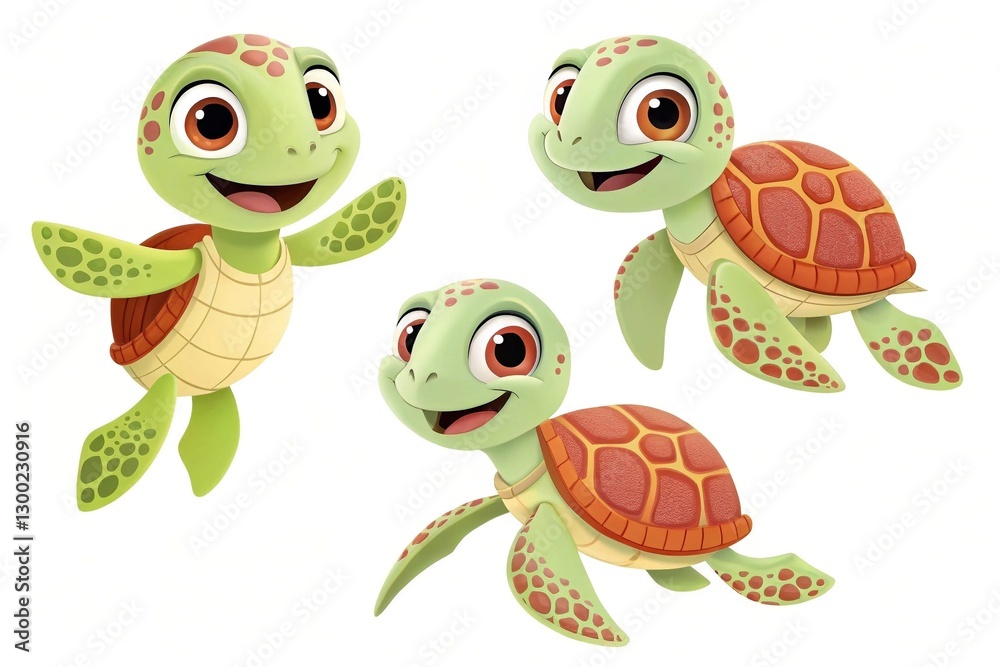 Naklejka premium Cute 3D Happy Sea Turtle Trio – Playful and Lively Marine Characters