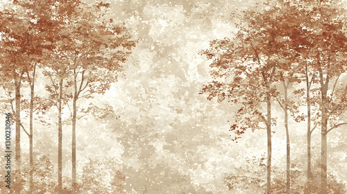 Autumnal forest trees wallpaper, sepia toned, misty background, home decor
