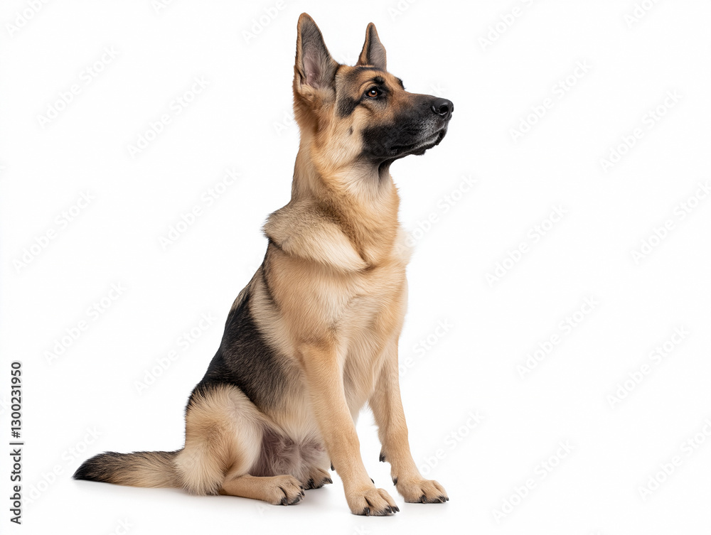 German shepherd sitting calmly and poised against a white background in a studio setting German shepherd sitting calmly and poised against a white background in a studio setting