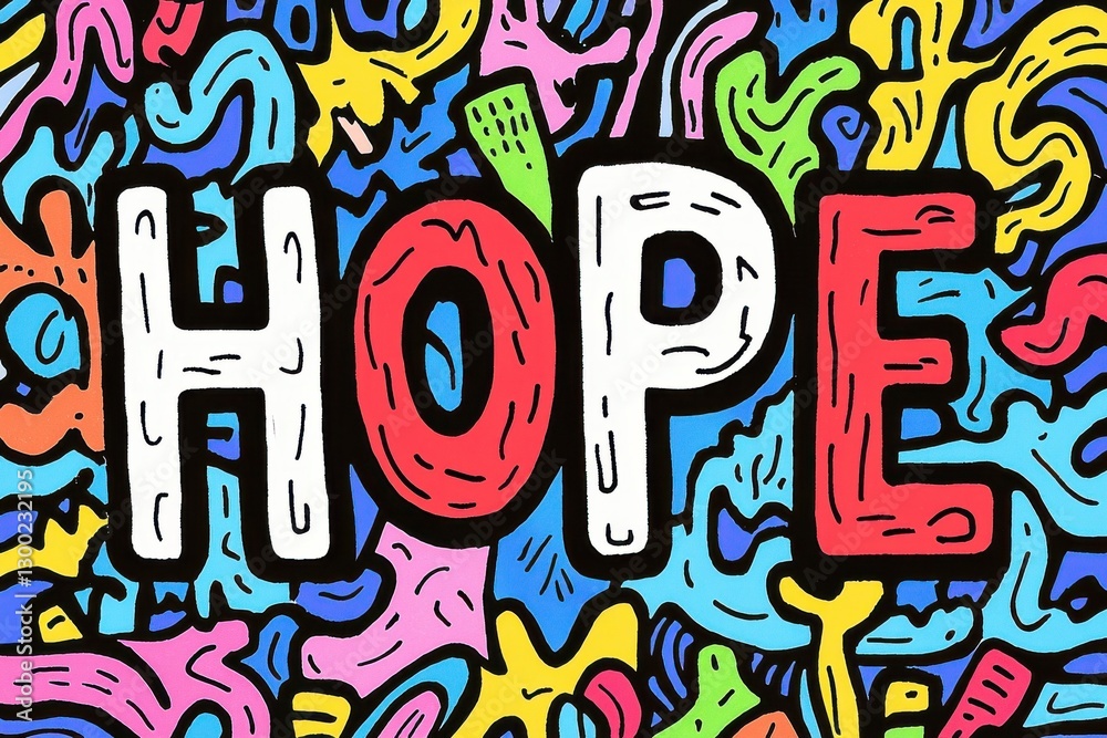 Colorful hope-themed illustration with vibrant patterns and bold typography Colorful hope-themed illustration with vibrant patterns and bold typography