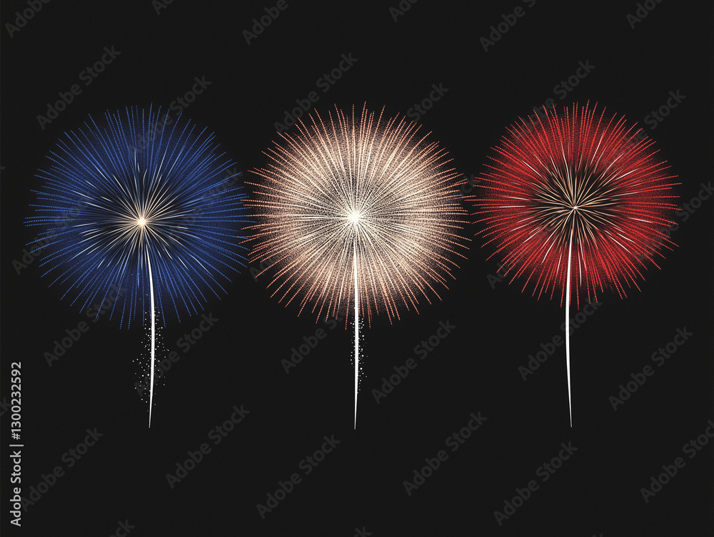 Vibrant Independence Day fireworks display in dark background with blue, white, and red colors Vibrant Independence Day fireworks display in dark background with blue, white, and red colors