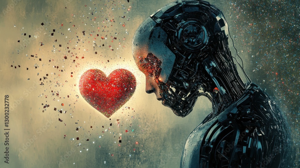 Obraz premium A cyborg contemplates a glowing heart surrounded by particles of matter