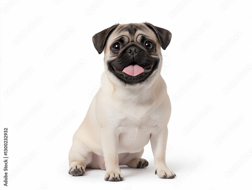 Happy pug with a playful expression sitting against a white background Happy pug with a playful expression sitting against a white background