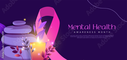 Celebrating Mental Health Awareness Month, May. The design features stacked stone elements as well as candles and plants surrounding it, a therapeutic visual concept. keep your mental health