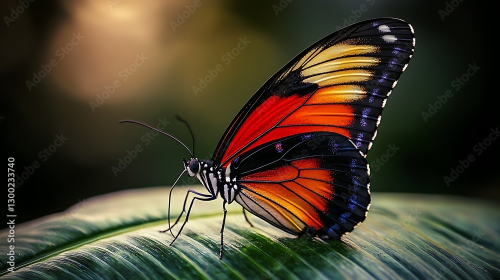 Fototapeta premium Butterfly Perched on Leaf, Tropical Background