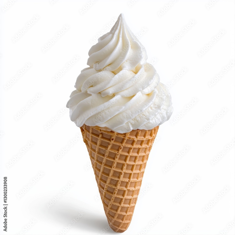 Irresistible vanilla ice cream cone with a generous swirl of whipped cream and tasty sprinkles under a clear sky Irresistible vanilla ice cream cone with a generous swirl of whipped cream and tasty sprinkles under a clear sky