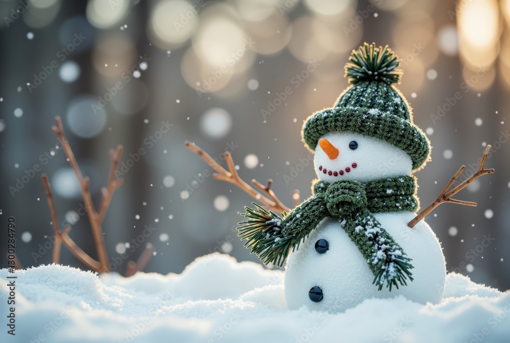 Obraz premium Snowman in Winter Setting with Green Knitted Hat and Scarf