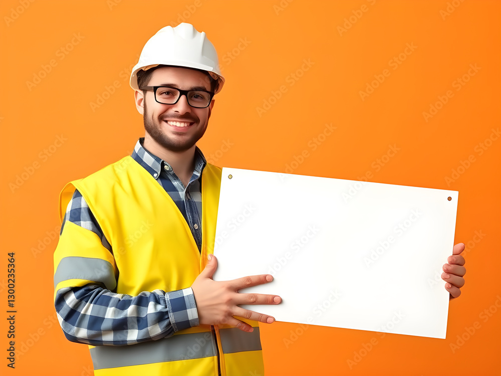 A smiling construction worker in a hard hat and safety vest holding a blank white sign against an orange background. A smiling construction worker in a hard hat and safety vest holding a blank white sign against an orange background.