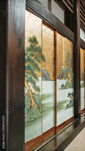 Stunning Japanese-style wall art depicting a golden landscape with delicate cherry blossoms, a serene lake, and classic design.