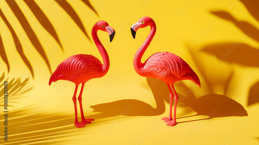 Obraz premium Flamingo toys in motion, vibrant colors, simple yet creative design, evoking joy and playfulness.