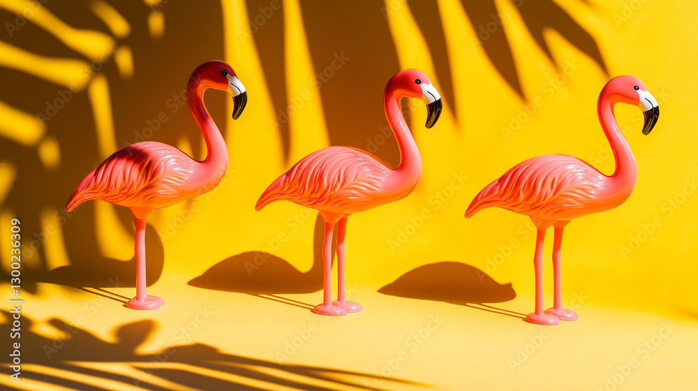 Obraz premium Flamingo toys in motion, vibrant colors, simple yet creative design, evoking joy and playfulness.