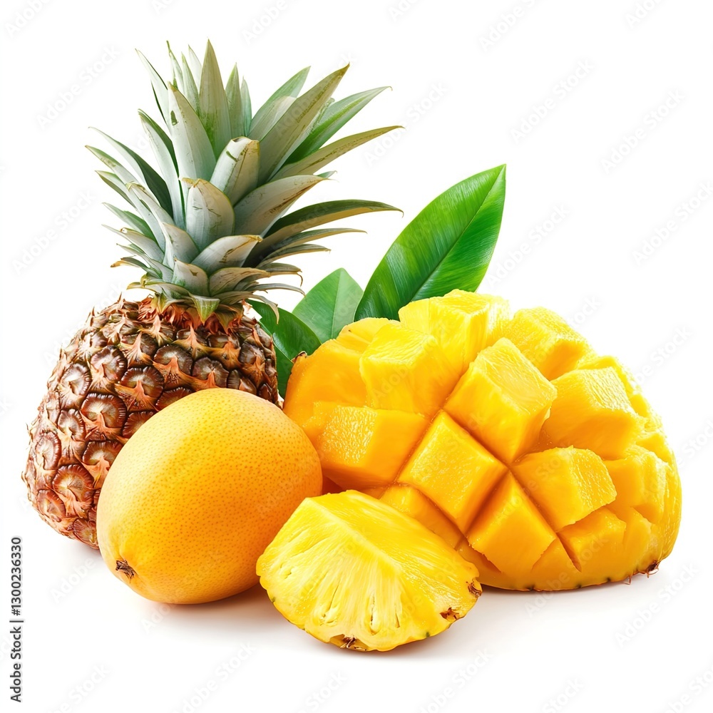 Fresh Tropical Fruits (Pineapples and Mangoes) Isolated on White, Showcasing Sweet and Juicy Delights Fresh Tropical Fruits (Pineapples and Mangoes) Isolated on White, Showcasing Sweet and Juicy Delights