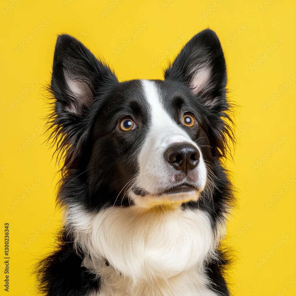 Fototapeta premium Energetic dog posed against a bright yellow background showcasing vibrant colors and playful spirit of canine life