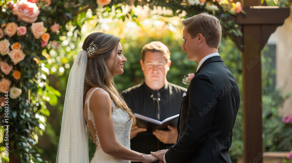 Fototapeta premium Bride and groom holding hands and exchanging vows during a romantic outdoor wedding ceremony under a flower arch with an officiant reading vows from a book