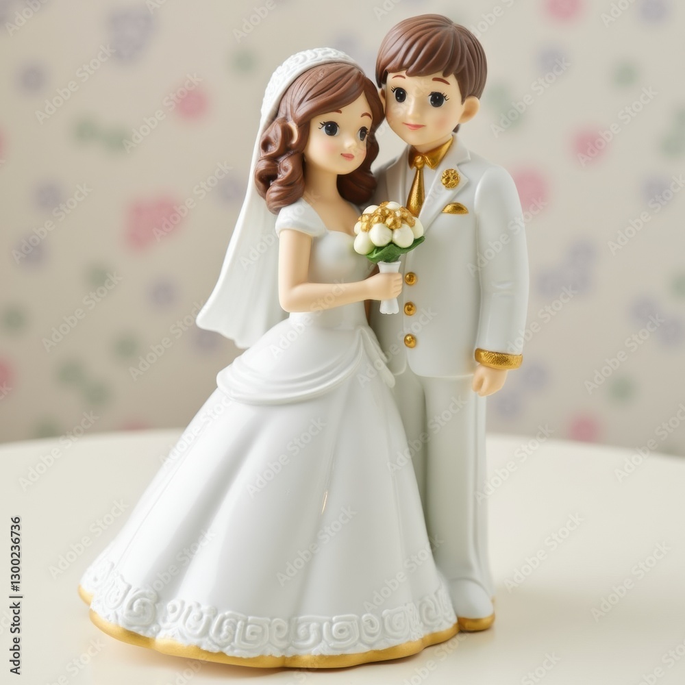 White porcelain bride and groom figurine with gold accents on pastel background, a timeless wedding memento. White porcelain bride and groom figurine with gold accents on pastel background, a timeless wedding memento.