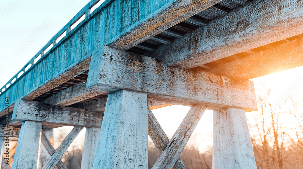 Obraz premium Sunset over old wooden bridge rural area landscape photography calm environment low angle view architectural beauty