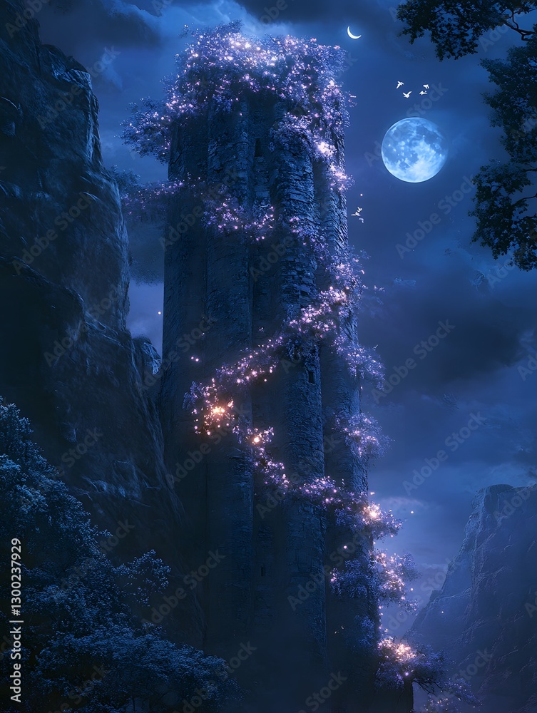 Obraz premium A_magical_vine_of_glowing_flowers_climbing_up_an_ancient_tower