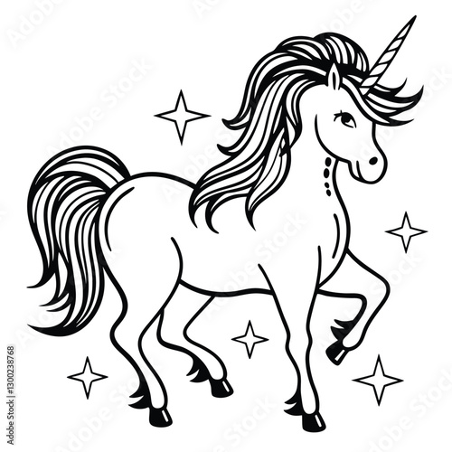 Unicorn Prancing with Flowing Mane and Sparkles in a Celestial Setting.
