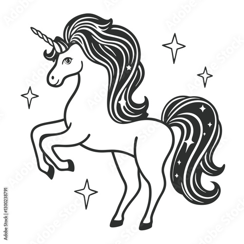 Unicorn Prancing with Flowing Mane and Sparkles in a Celestial Setting.