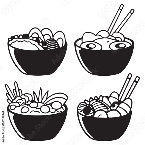 poke bowl collection. Salmon, cucumber, tomato, egg, shrimp, and other vector 