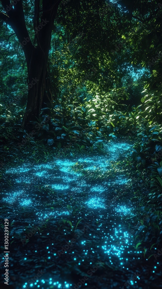 Fototapeta premium A Lush Forest Scene With Glowing Particles on the Ground