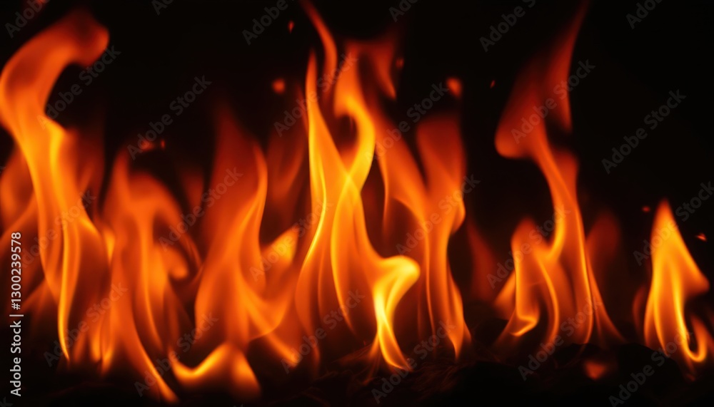 Close-up of vibrant orange flames dancing in the dark. Close-up of vibrant orange flames dancing in the dark.