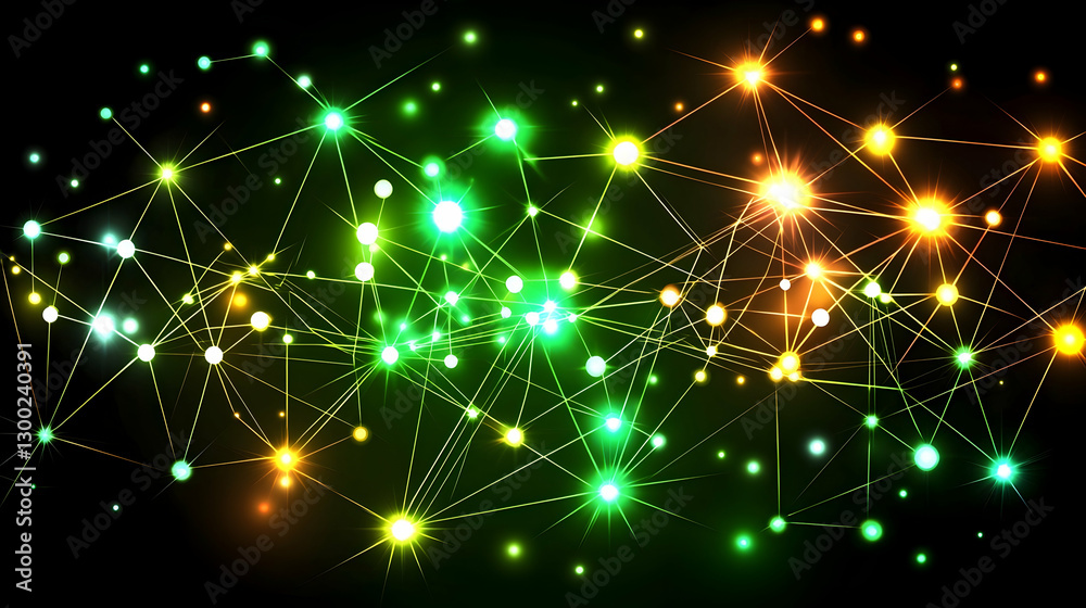 Fototapeta premium Glowing network nodes connect, forming constellations on dark background; digital tech backdrop