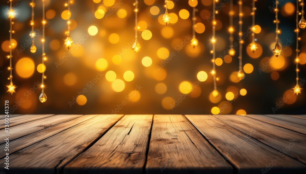 Warm Festive Wooden Tabletop with Sparkling Lights Warm Festive Wooden Tabletop with Sparkling Lights