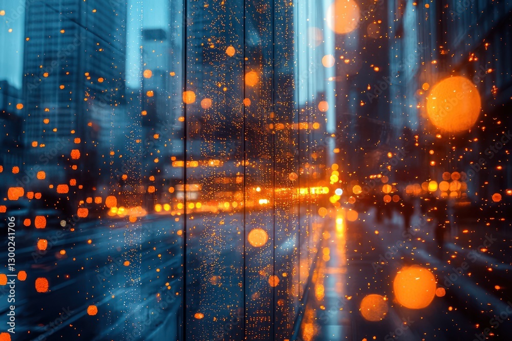 Naklejka premium Urban Night Scene with Reflections and Bokeh Lights Effect