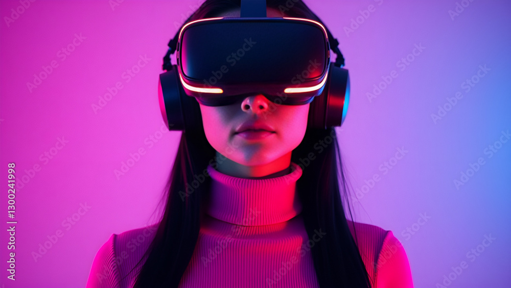 Woman with Virtual Reality headset, with pink vibrant color lighting on her face Woman with Virtual Reality headset, with pink vibrant color lighting on her face