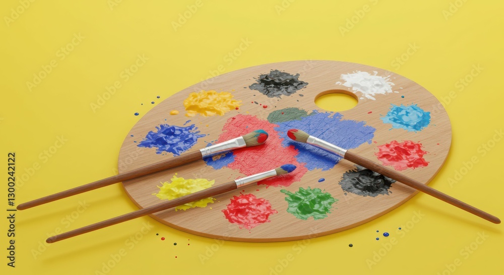 Bright painting palette with three brushes on vibrant yellow background Bright painting palette with three brushes on vibrant yellow background