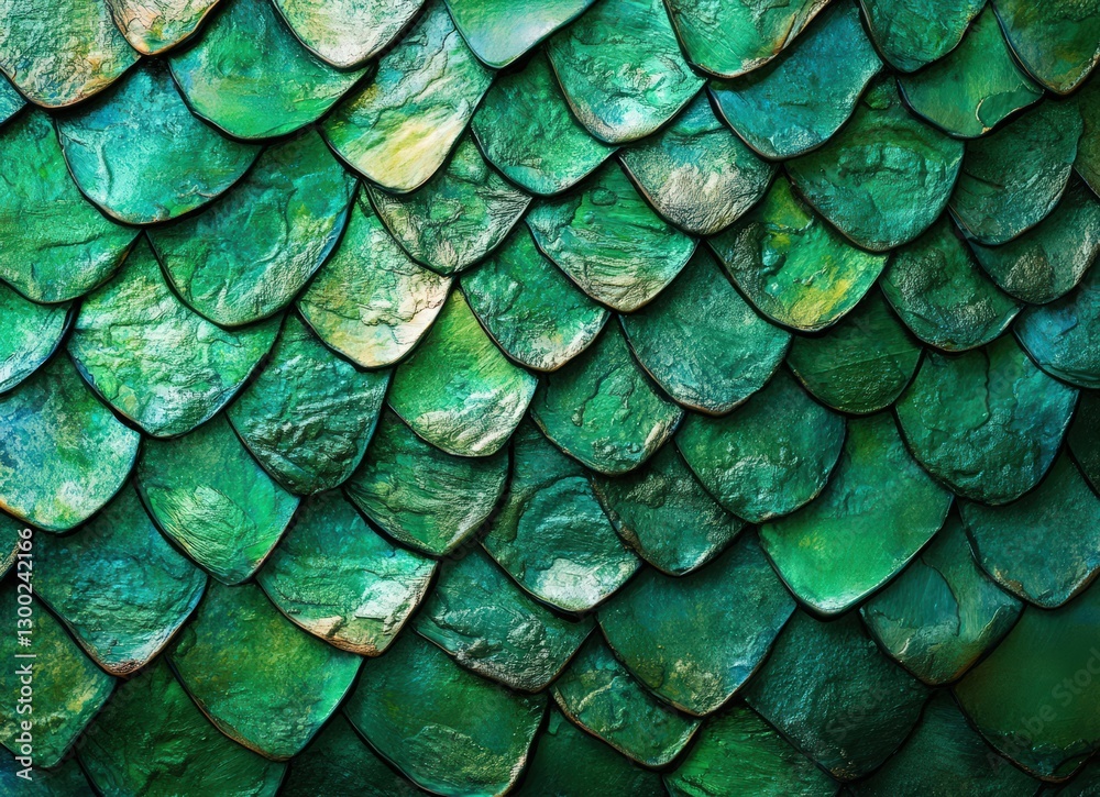 Fototapeta premium green dragon scales seamless pattern textured background, shiny metallic surface, fish scale texture, fantasy reptile skin design, snake scales