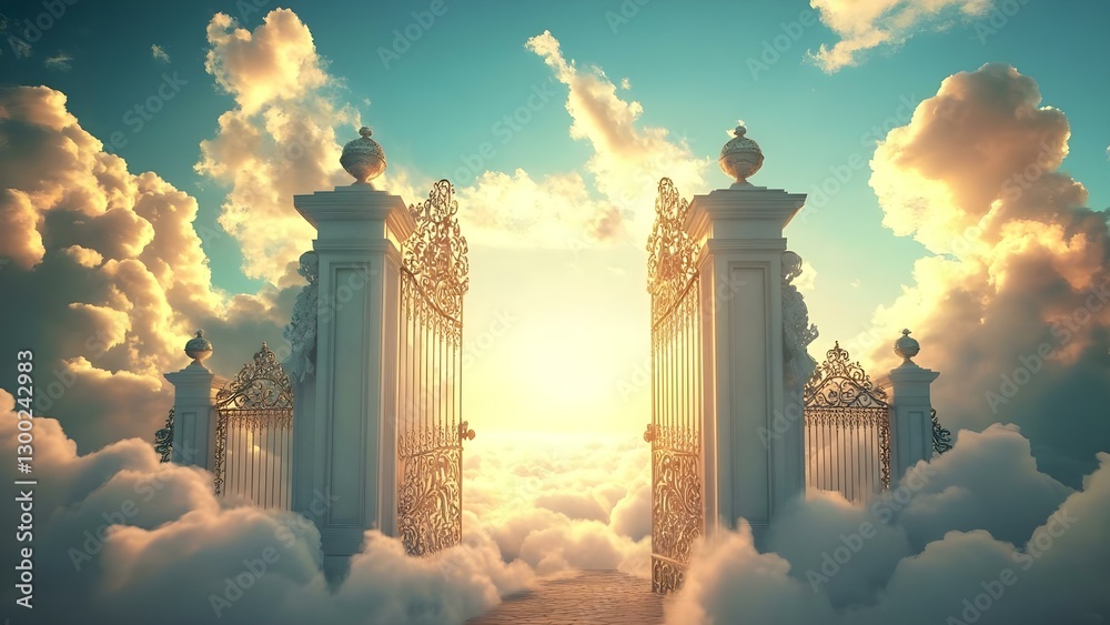 Fototapeta premium A grand gate opens into a bright, heavenly space surrounded by fluffy clouds and a radiant sky. Concept Heavenly Entrance, Ethereal Atmosphere, Radiant Skyline, Fluffy Cloudscape, Serene Ambience