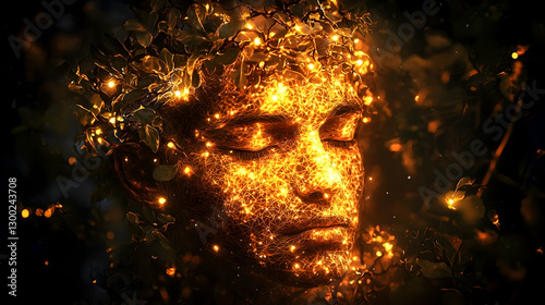 Golden Luminescent Face, Nature Background, Mystical Portrait, Fantasy Art, Website Header