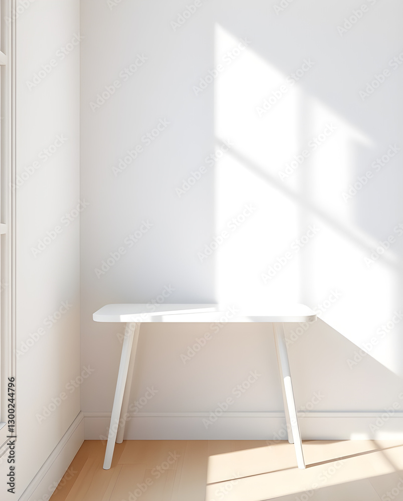 Fototapeta premium A bright, minimalist all-white interior space with a simple table and natural sunlight.