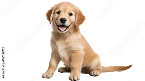 A playful golden retriever puppy with a wagging tail, sitting on a transparent background, isolated, looking happy and curious.