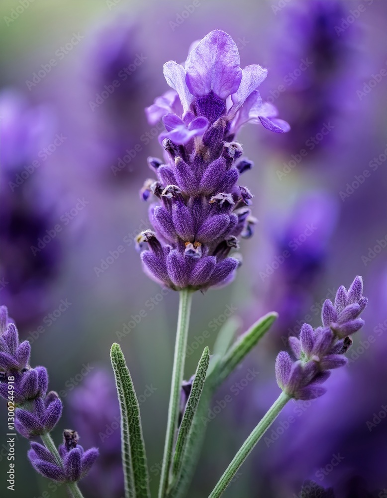 Obraz premium A close-up of a lavender blossom, highlighting the delicate purple petals and intricate details. The soft texture and vibrant hue capture the essence of this fragrant, calming flower. 