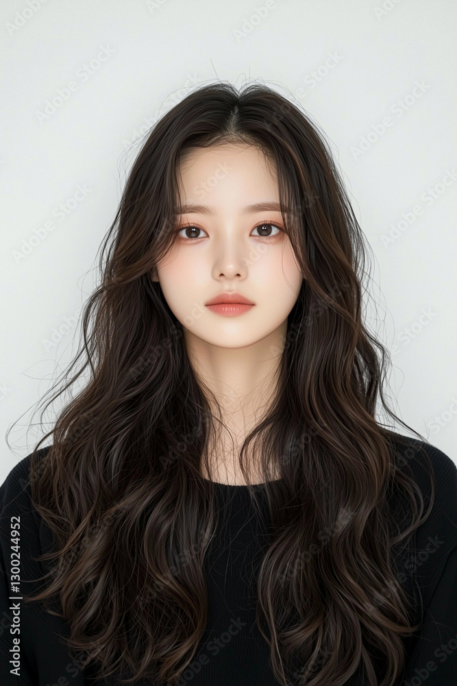 Young Woman with Long Wavy Dark Hair in a Sweater Young Woman with Long Wavy Dark Hair in a Sweater