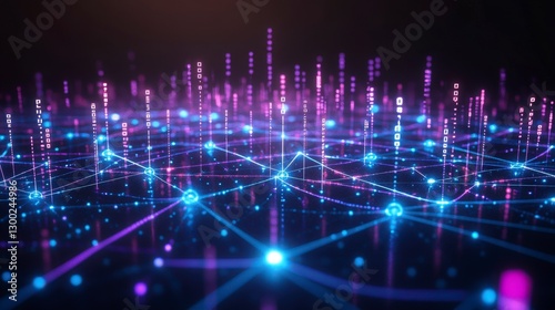 Abstract Digital Network Connection with Binary Code and Neon Lights