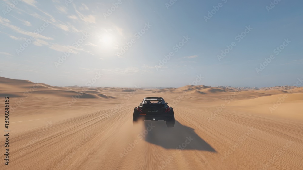 Car Speeding Through Endless Desert Dunes Car Speeding Through Endless Desert Dunes