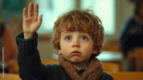 Little boy raising his hand in classroom, eager to participate in learning activity