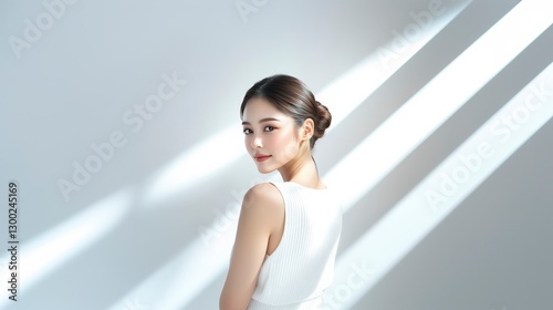 Elegant Asian woman with perfect skin in natural sunlight portrait