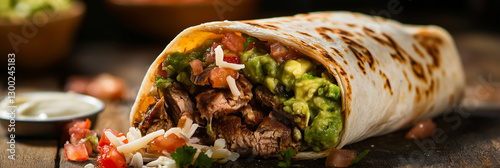Close-up of a Mexican-style steak burrito with guacamole, pico de gallo, and melted cheese