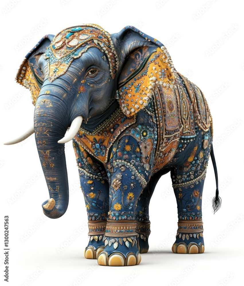 Fototapeta premium Ornate elephant standing on white background, for cultural projects