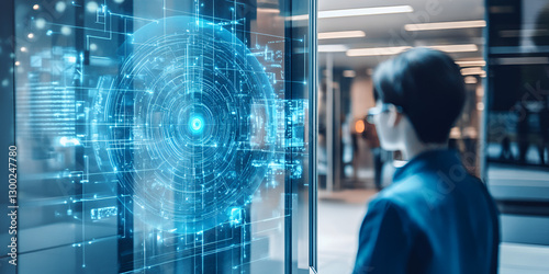 Professional using AI facial recognition technology in a modern office environment | Digital identification system for enhanced security