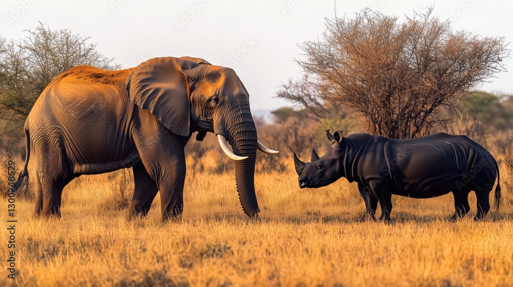 Fototapeta premium Elephant and rhino meeting in african savanna at sunset. Generative ai illustrations