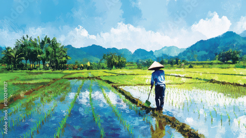 A young Vietnamese farmer wades through a rice paddy