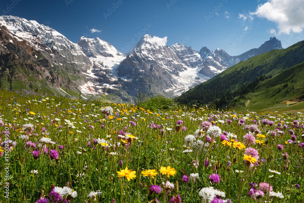 Fototapeta premium Vibrant Meadow with Wildflowers and Snow-Capped Mountains
