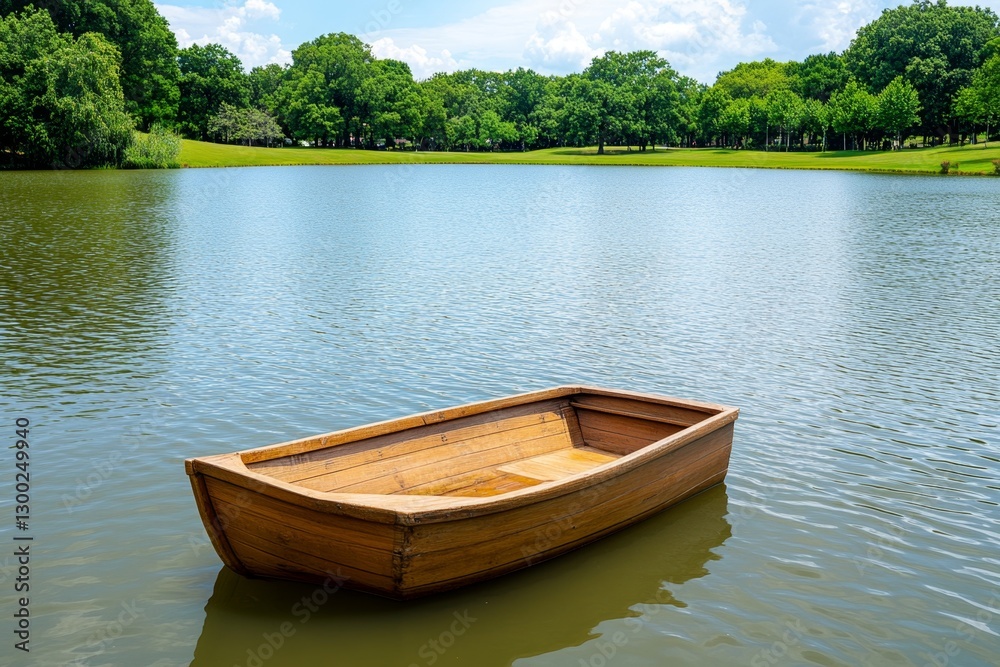 A picturesque pond with a small wooden rowboat floating near the shore A picturesque pond with a small wooden rowboat floating near the shore